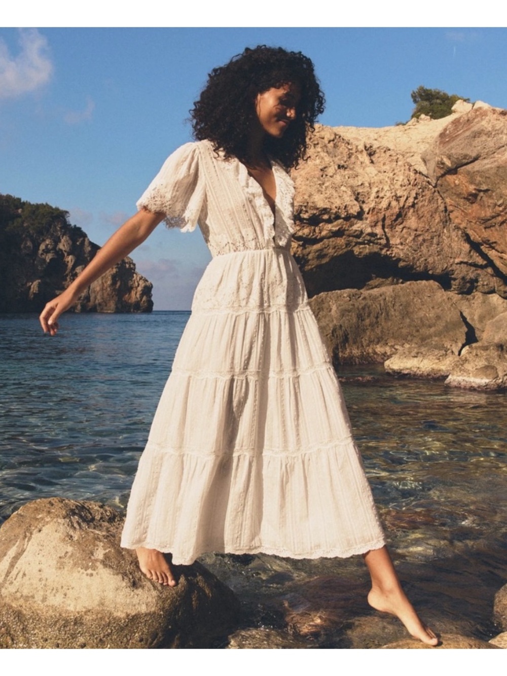 Gabriella Dress in White - Delicate Lace Midi Dress
